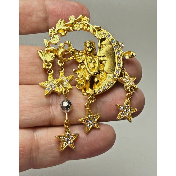 Kirks Folly Jewelry - Kirks Folly Celestial Brooch Cherub Angel Crescent Moon Star AB Dangles Pin Gold